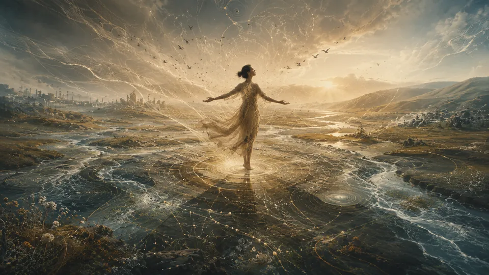 Une danseuse, bras ouverts, au milieu d’une eau dorée qui se ramifie comme un delta.