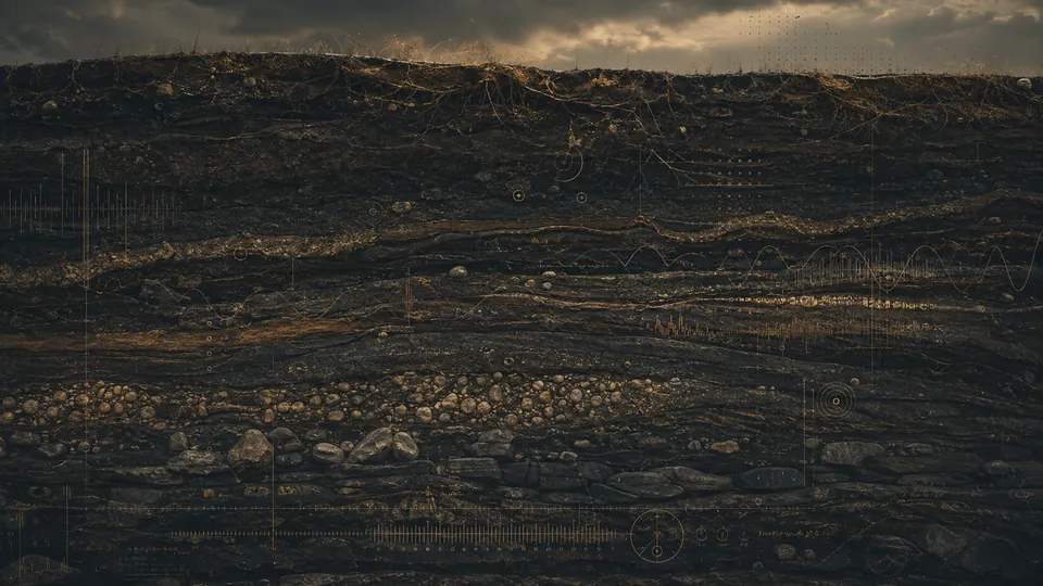 Une coupe de terrain au crépuscule : des strates sombres traversées de veines d’or.